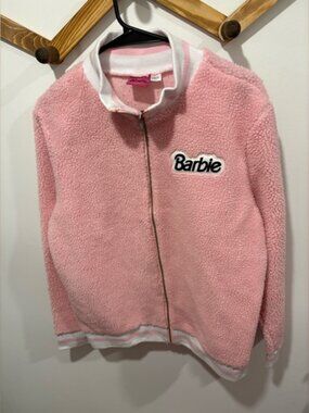 Barbiecore Pink Fleece Zip Jacket Size Large – Varsity Style Cozy Y2K Aesthetic